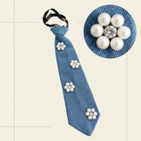 Blue Denim Cream Pearl Flower Necktie Necklace