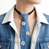 Blue Denim Cream Pearl Flower Necktie Necklace