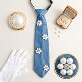 Blue Denim Cream Pearl Flower Necktie Necklace