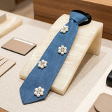 Blue Denim Cream Pearl Flower Necktie Necklace