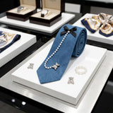 Blue Denim Pearl Teddy Bear Necktie Necklace