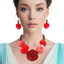 Load image into Gallery viewer, Collar Burgundy Chunky 3D Flower Link Necklace Set

