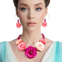 Load image into Gallery viewer, Collar Fuchsia Chunky 3D Flower Link Necklace Set
