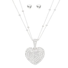 Load image into Gallery viewer, Pendant Silver 2 Layer Puffy Rhinestone Heart Set
