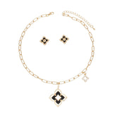 Pendant Gold Black Monogram Flower Necklace Set