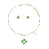 Pendant Gold Green Monogram Flower Necklace Set