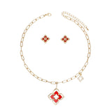 Pendant Gold Red Monogram Flower Necklace Set