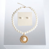 Gold Sunburst Cream Pearl Pendant Necklace