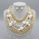 Cream Pearl 13 Strand Layered Gold Chain Necklace