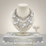 White Pearl 13 Strand Layered Silver Chain Necklace