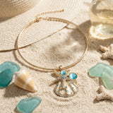 Gold Choker Sea Life Pendant Turquoise Rhinestones