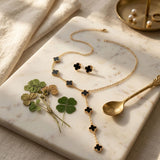 Y Offset Black Quatrefoil Clover Gold Necklace