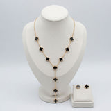 Y Offset Black Quatrefoil Clover Gold Necklace