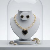Black Heart Pendant Gold Oval Chain Necklace
