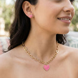Pink Heart Pendant Gold Oval Chain Necklace