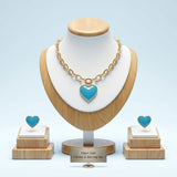 Turquoise Heart Pendant Gold Oval Chain Necklace