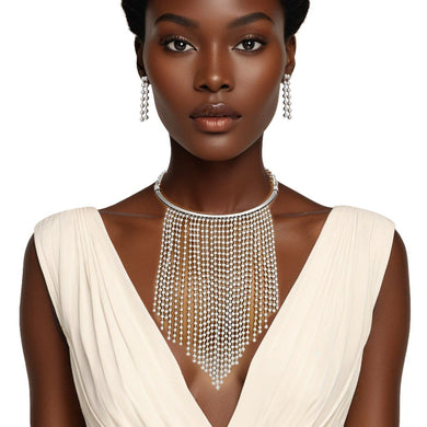 Bib Silver Ball Chain Fringe Necklace for Women