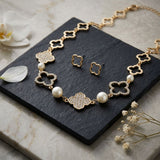 Gold Pave Quatrefoil Clover Cotton Pearl Necklace