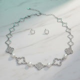 Silver Pave Quatrefoil Clover Cotton Pearl Necklace