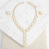 Y Gold Round Link Cream Pearl Pyramid Necklace