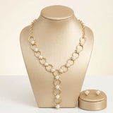 Y Gold Round Link Cream Pearl Pyramid Necklace