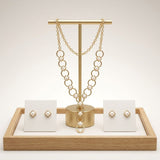 Y Gold Round Link Cream Pearl Pyramid Necklace