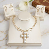 Cream Pearl Cross Pendant Gold Chain Necklace