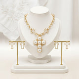 Cream Pearl Cross Pendant Gold Chain Necklace