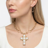 Cream Pearl Cross Pendant Gold Chain Necklace