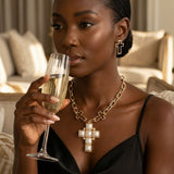 Cream Pearl Cross Pendant Gold Chain Necklace