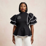 AKA Shield X-Large Black & White Trim Peplum Top