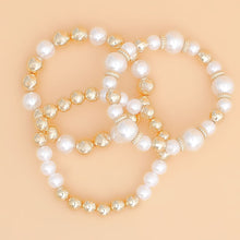 Cargar imagen en el visor de la galería, Bracelet Gold Bead White Pearl 3 Pcs Stretch Set
