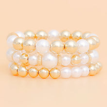 Cargar imagen en el visor de la galería, Bracelet Gold Bead White Pearl 3 Pcs Stretch Set
