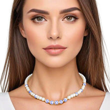 Cargar imagen en el visor de la galería, Necklace Cream Pearl Blue Hand Painted Bead Women
