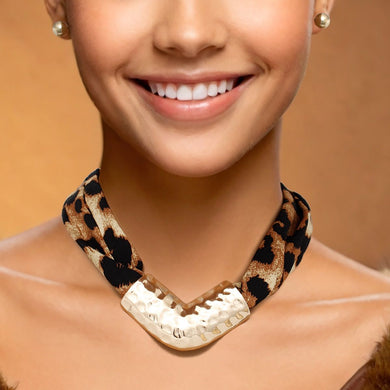 Choker Leopard Fabric Hammered Metal Necklace
