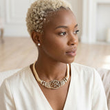Antique Gold Pearl Floral Herringbone Necklace
