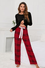Load image into Gallery viewer, Round Neck Long Sleeve Top and Bow Plaid Pants Lounge Set
