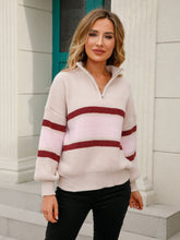 Load image into Gallery viewer, Striped Quarter-Zip Lantern Sleeve Sweater
