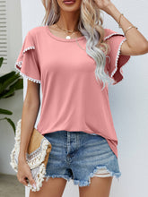 Load image into Gallery viewer, Pom-Pom Trim Flutter Sleeve Round Neck Tee
