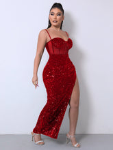 Load image into Gallery viewer, Sequin Spliced Mesh Adjustable Strap Dress
