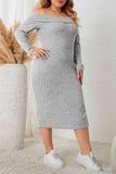 Plus Size Square Neck Long Sleeve Slit Dress