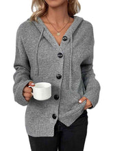 Cargar imagen en el visor de la galería, Button Up Drawstring Long Sleeve Hooded Cardigan
