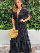 Load image into Gallery viewer, Plunge Neck Tie Sleeve Maxi Dress
