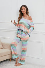 Load image into Gallery viewer, Striped Round Neck Long Sleeve Top and Drawstring Pants Lounge Set

