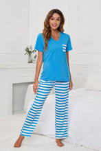 Load image into Gallery viewer, V-Neck Short Sleeve T-Shirt and Striped Pants Lounge Set
