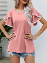 Load image into Gallery viewer, Pom-Pom Trim Flutter Sleeve Round Neck Tee
