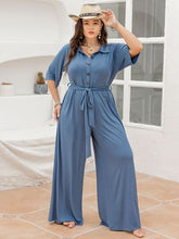 Load image into Gallery viewer, Plus Size Ribbed Half Button Tie-Waist Jumpsuit

