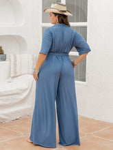 Load image into Gallery viewer, Plus Size Ribbed Half Button Tie-Waist Jumpsuit
