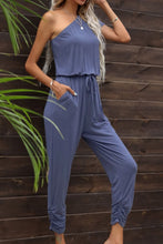Load image into Gallery viewer, Drawstring Waist One-Shoulder Jumpsuit with Pockets
