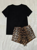 Conjunto de top y shorts con gráfico de labios de leopardo